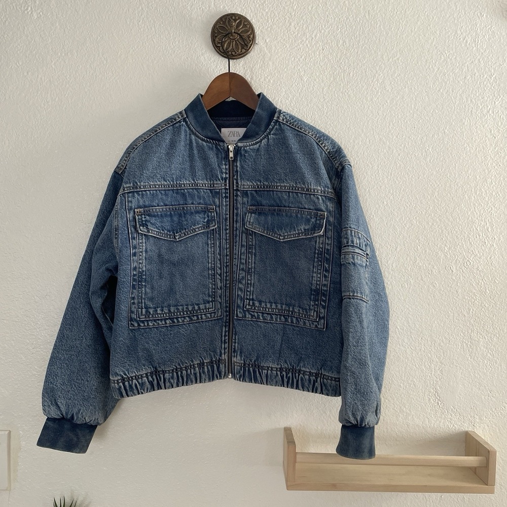 Zara Bomber Jacket‎ Full Zip Two Front Pockets Denim Blue Youth Size 13-14